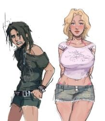 2girls alternative_fashion bimbo black_clothing black_hair black_lipstick blonde_hair blue_eyes blush cigarette collar curly_(mouthwashing) female genderswap_(mtf) jean_shorts jeans jimmy_(mouthwashing) large_breasts lipstick mouthwashing not_porn pink_bra pink_panties rule_63 small_breasts