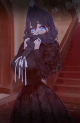 blue_eyes blush braid breasts covering_face embroidered_dress embroidery fanged_bangs female hair_intakes heart heart_in_eye highres holding holding_own_hair hololive hololive_english indoors large_breasts night ouro_kronii ouro_kronii_(maid) ribbon solo symbol_in_eye virtual_youtuber white_ribbon yd_(orange_maru)