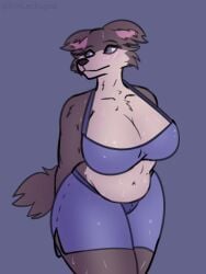 anthro athletic_wear beastars belly big_breasts blush bodily_fluids breasts canid canine canis curvy_figure eriklechugaa female huge_breasts juno_(beastars) mammal slightly_chubby solo sweat thick_thighs voluptuous wolf