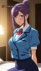 ai_generated arms_behind_back bed blue_jacket blue_skirt blush breasts closed_mouth collared_shirt eyeshadow female hair_bun indoors jacket lampsung_jin-ah large_breasts looking_at_viewer makeup meitabuu mole mole_under_mouth neck_ribbon on_bed pencil_skirt puffy_sleeves purple_eyes purple_hair ribbon shirt short_sleeves single_hair_bun sitting skirt smile solo solo_leveling white_shirt