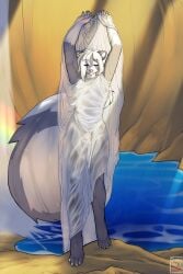 absurd_res animal_genitalia bedding blanket cave closed_eyes clothed clothed/nude clothing duskari7 genitals hi_res light mammal mephitid nude sheath skunk skunk_tail smile soaked sunlight water waterfall wet wet_blanket wet_body