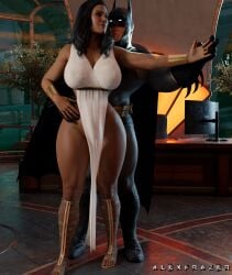 alexfrazer amazon batman black_hair clothed dark-skinned_female dc_comics dress female hug large_ass large_breasts mask masked_male sfw straight voluptuous_female wholesome wonder_woman