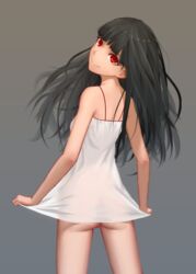 black_hair character_request dress female female from_behind long_hair looking_back maredoro no_panties pussy red_eyes smile solo source_request thighs uncensored white_dress