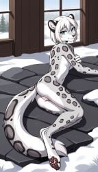 1girls 2025 ai_generated anthro breasts cyan_eyes digitigrade feline female female_only furry grey_fur hand_on_arm hi_res inner_ear_fluff innie_pussy laying_down laying_on_side leopard looking_at_viewer looking_back nude nude_female on_side outdoors paws pussy short_hair smile snow snow_leopard underboob white_fur white_hair