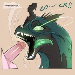 ambiguous_gender black_body black_fur bodily_fluids cold-blooded-twilight duo equid equine erection exclamation_point eyeliner feral friendship_is_magic fur genital_fluids genitals glans green_eyes green_hair hair hasbro hi_res horse humanoid_genitalia humanoid_penis makeup male mammal my_little_pony penis pony precum quadruped queen_chrysalis_(mlp) saliva simple_background teeth text tongue tongue_out white_body