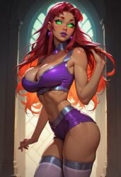 2d ai_generated ai_sensuality bare_shoulders bare_thighs bimbo booty_shorts cleavage cleavage_cutout green_eyes heroine lipstick long_hair midriff red_hair slutty_clothes starfire superheroine teen_titans thighhighs