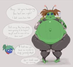animal_humanoid anthro ass belly big_belly blush breasts clothed clothing comic dialogue digital_media_(artwork) duo english_text female hair huge_belly humanoid hyper hyper_belly looking_at_viewer pregnancy_transfer pregnant rapid rapid_pregnancy simple_background susfishous text transfer_birthing