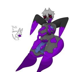 anthro arachnid arthropod ass balls belly big_belly big_breasts bodily_fluids breasts chronicmeowmeow duo female futanari genitals grey_body grey_hair hair hi_res intersex lips lipstick makeup nipples nude penis simple_background sitting spider text thick_thighs