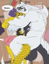 2boys anthro anthro_male arkveld balls big_balls big_penis bird's-eye_view black_balls black_body boner cum cum_drip cumming cumming_while_asleep embracing embracing_another english_dialogue english_text erection hairy hairy_arms horns male male_anthro male_only monster monster_boy monster_hunter monster_hunter_wilds muscles muscular muscular_anthro muscular_male nill321 nude onomatopoeia penis pink_penis rey_dau size_difference sleeping sleeping_naked sleeping_on_person speech_bubble spikes_(anatomy) tail white_body yellow_body yellow_scales
