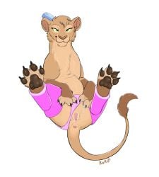 absurd_res amaya(nova) animal_genitalia animal_pussy anus bodily_fluids clothing clothing_aside felid feline feline_genitalia feline_pussy female feral feral_only fur genital_fluids genitals hi_res lion looking_at_viewer mammal naughty_face pantherine paws pussy queenkoko solo spread_legs spreading tail