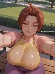 1girls ai_generated big_breasts delia_ketchum_(pokemon) female from_above gmgkaiser mature_female milf outdoors pokemon selfie tagme tight_clothing