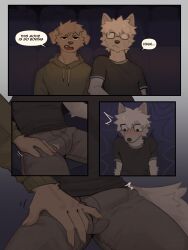 absurd_res anthro biped black_nose blush canid canine clothed clothing cute_fangs dialogue duo erection erection_under_clothing fangs fingers fur grey_body grey_fur hi_res hoodie male mammal mouth_closed sgguzz sitting speech_bubble teeth tongue topwear