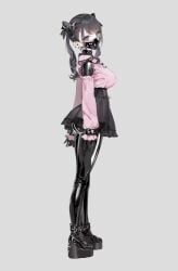 arms_at_sides arms_behind_back black_bodysuit black_bow black_choker black_gloves black_hair black_mask black_pantyhose black_shoes black_skirt bodysuit bodysuit_under_clothes bow breasts choker commentary covered_mouth cross cross_earrings cuffs dress ear_piercing earrings female frilled_dress frills full_body gloves grey_background hair_ribbon hairbow handcuffs high-waist_skirt highres jewelry jirai_kei lace lace-trimmed_skirt lace_trim large_breasts latex latex_bodysuit latex_gloves latex_pantyhose long_hair long_sleeves looking_at_viewer mask mouth_mask original pantyhose piercing pink_shirt platform_heels platform_shoes purple_eyes ribbon shirt shoes simple_background skirt solo thighs twintails wedge_heels wrist_bow yd_(orange_maru)