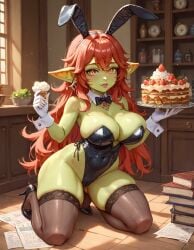 1girls ai_generated alternate_species big_breasts breasts bunny_outfit female full_body genshin_impact goblin goblin_art goblin_female green_skin mavuika_(genshin_impact) murzy thick