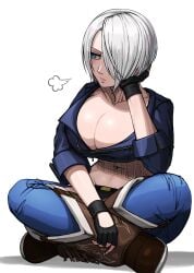 1girls angel_(kof) bbw big_breasts black_gloves blue_eyes blush bob_cut boots brown_boots busty cleavage crop_top cute female female_focus female_only fingerless_gloves gloves hair_over_one_eye hi_res high_resolution highres jacket jeans king_of_fighters knee_boots kneehighs kof large_breasts leather_jacket legs_crossed legs_together light-skinned_female light_skin medium_hair no_bra pale-skinned_female pale_skin pinup shoulder_length_hair sitting skimpy skimpy_clothes snk solo solo_female solo_focus source_request ssdng3 the_king_of_fighters tomboy very_high_resolution white_background
