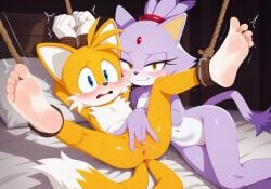 aged_up ai_generated andromorph blaze_the_cat blush bondage bound cuntboy embarrassed feet fingering fingers_in_pussy genderswap_(mti) half-closed_eyes intersex legs_apart looking_at_viewer miles_prower pussy rule_63 smug sonic_(series) sonic_the_hedgehog_(series) tails tails_the_fox wet_pussy yuri