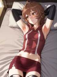 1girls ai_generated armpits arms_behind_head cowboy_shot dungeon_ni_deai_wo_motomeru_no_wa_machigatteiru_darou_ka female indoors liliruca_arde looking_away lying lying_on_back lying_on_bed parted_lips seacreator shy skinny solo thighhighs torn_clothes torn_clothing torn_thighhighs