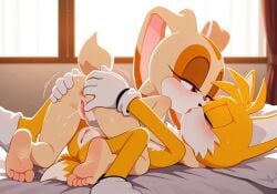 aged_up ai_generated ass_grab closed_eyes cream_the_rabbit cuntboy feet genderswap_(mti) half-closed_eyes intersex kissing laying_on_top_of_each_other looking_at_partner miles_prower pussy rule_63 sensual soles sonic_(series) sonic_the_hedgehog_(series) tails_the_fox wet_pussy yuri