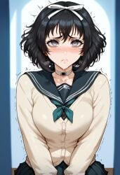 1girls 2d ai_generated ai_sensuality black_hair blush drooling euphoria euphoria_(clockup) female grey_eyes hair_ornament hair_ribbon hokari_kanae light-skinned_female school_uniform short_hair shy solo solo_female teenager uniform younger_female