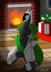 absurd_res anthro balls blush christmas erection fireplace genitals gift green_eyes green_penis hi_res holidays looking_at_viewer machine male penis robot scalie solo spaceg3n synth_(vader-san) synthetic tail