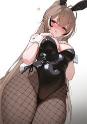 1girl 1girls absurdres ahoge alternate_costume animal_ears black_bow black_bowtie black_leotard blush bow bowtie breasts brown_eyes brown_hair bunny_girl bunnysuit covered_navel cowboy_shot crossed_bangs detached_collar double-parted_bangs fake_animal_ears fake_tail female fishnet_pantyhose fishnets gradient_background hair_between_eyes high_ponytail highleg highleg_leotard highres hololive hololive_english hololive_english_-council- hololive_english_-promise- koahri leotard long_hair looking_back medium_breasts multicolored_hair nanashi_mumei nose_blush pantyhose playboy_bunny ponytail rabbit_tail shy side-tie_leotard simple_background solo strapless strapless_leotard streaked_hair tail very_long_hair virtual_youtuber white_background wrist_cuffs