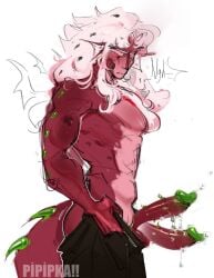 boner chest claws cookie_run cookie_run_kingdom cum diphallia diphallism dragon dragon_tail ejaculation male multi_genitalia multi_penis muscular pants penis pink_body pipipka pitaya_dragon_cookie putting_clothes_on scales white_hair