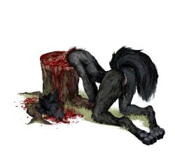 anthro ass axe black_body black_fur black_tail blood bodily_fluids cum death decapitation drmax execution female female_death fur genital_fluids gore guro jeffusherb nude nude_anthro nude_female severed_head solo tail