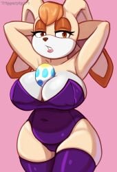 anthro bedroom_eyes belly big_breasts breasts brown_eyes brown_hair camel_toe chao_(sonic) cleavage clothed clothing egg female fur hands_behind_head head_tuft hi_res huge_breasts lagomorph legwear leotard mammal milf narrowed_eyes pose raised_arms seductive sega sonic_(series) sonic_the_hedgehog_(series) tan_body tan_fur thick_thighs thigh_highs triggerpigart tuft vanilla_the_rabbit