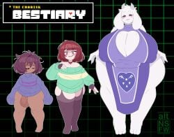 1boy 2girls altnsfw balls big_balls big_breasts big_nipples big_thighs breasts breasts_bigger_than_head brown_hair chara choker chubby chubby_female closed_eyes dark-skinned_male female fingerless_gloves frisk furry height_difference huge_breasts light-skinned_female lineup milf monster_girl nipples_visible_through_clothing no_pants red_eyes shortstack smug_face smug_grin stockings sweater toriel undertale undertale_(series) white_fur white_hair