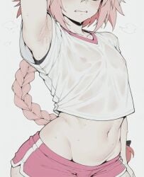 1boy ai_assisted arm_up armpit_peek armpits astolfo_(fate) astolfo_(fate/apocrypha) astolfo_(saber)_(fate) blush bow braid clenched_teeth covered_nipples crop_top dolphin_shorts fate/apocrypha fate/grand_order fate_(series) groin hair_ribbon long_braid long_hair male_focus midriff navel official_alternate_costume otoko_no_ko pink_hair pink_shorts ribbon see-through shirt short_shorts short_sleeves shorts simple_background single_braid solo sondu sweat sweaty_clothes teeth wet wet_clothes wet_shirt white_background white_shirt