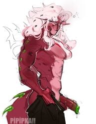 boner chest claws cookie_run cookie_run_kingdom diphallia diphallism dragon dragon_tail male multi_genitalia multi_penis muscular pants penis pink_body pipipka pitaya_dragon_cookie precum putting_clothes_on scales white_hair