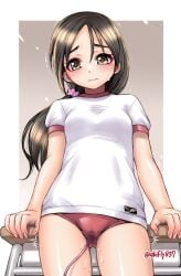 against_desk blush brown_eyes brown_hair buruma desk ebifly female gym_uniform long_hair masturbation object_insertion original ponytail pussy_juice pussy_juice_stain red_buruma sex_toy shirt short_sleeves solo standing thighs trembling vaginal_object_insertion vaginal_penetration vibrator vibrator_cord vibrator_under_clothes wet_buruma white_shirt