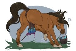 2025 3:2 animal_genitalia anus artist_name balls basket blue_eyes bodypaint brown_body brown_hair brown_mane brown_tail brush container digital_media_(artwork) dolero easter egg english_text equid equine equine_anus feral genitals hair heart_symbol hi_res holidays hooves horse kukan97 looking_at_viewer male mammal mane paintbrush painted_balls presenting_balls raised_leg raised_tail sheath simple_background solo tail text