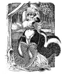 2025 areola bed big_breasts breasts canid canine clothing detailed_background duo female fluffy fluffy_tail fur furniture garter_belt garter_straps hair hi_res holding_breast huge_breasts inside lachland-nightingale legwear looking_away mammal mephitid nipples pen_(artwork) pillow pubes skunk slightly_chubby smile solo_focus standing stockings tail traditional_media_(artwork) undressing