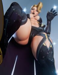 1girls abs below_view black_lipstick blonde_female blonde_hair blue_eyes breasts caucasian caucasian_female earrings emma_frost emma_frost_(marvel_rivals) emma_frost_(x-revolution) female femdom gloves high_heels low-angle_view marvel marvel_rivals midriff pov pussy_lips stepped_on surody thick thick_thighs thighs viewed_from_below visible_pussy