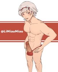 1boy abdomen abs balls bara bara_ass bara_butt bara_tiddies bara_tits blush breasts breasts cock dick fangs gay gay_male iruka_dorufino looking_at_viewer male male_only muscles muscular muscular_legs muscular_male muscular_thighs oerba_yun_fang pecs penis red_eyes swimsuit swimwear white_hair yandere_simulator yanderesim