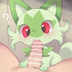 blush censor_bar cheek_tuft duo erection facial_tuft female feral frown fur generation_9_pokemon genitals glans green_body green_fur green_tail hi_res himimi human humanoid_genitalia humanoid_penis male mammal mouth_closed nintendo nude paws penis pokemon pokemon_(species) pupils quadruped question_mark red_eyes sprigatito tail tuft