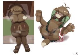 absurd_res animal_crossing anthro anus balls bodily_fluids bottomwear bunihud canid canine canis clothed clothing crossdressing digby_(animal_crossing) domestic_dog fur genitals hi_res legwear male mammal musk musk_clouds nintendo pantyhose penis shih_tzu skirt solo sweat tail torn_clothing torn_legwear torn_pantyhose toy_dog underwear