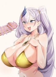 aqua_eyes artist_name bar_censor bare_arms bare_shoulders bikini braid braided_bangs breasts censored cleavage collarbone earrings feather_hair_ornament feathers female from_side gold_bikini gradient_background grey_hair hair_behind_ear hair_ornament hands_on_own_chest hands_up high_ponytail highres hololive hololive_indonesia hololive_indonesia_holoro huge_breasts jewelry large_penis long_hair myumi navel necklace open_mouth pavolia_reine penis ponytail sideboob smile solo stomach swept_bangs swimsuit twitter_username upper_body very_long_hair virtual_youtuber yellow_background