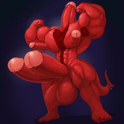 1boy 2_penises abs absurd_res anthro balls blue_background diphallia diphallism genitals glans hi_res horizontal_diphallism humanoid_genitalia humanoid_penis kittykage male male_focus male_only multi_genitalia multi_penis muscular muscular_male nude penis penis_head penis_nipples pentaphallia plantigrade red_skin scalie simple_background solo solo_focus standing unusual_anatomy unusual_genitalia_placement unusual_penis_placement urethra