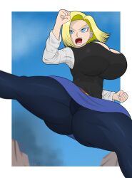 android android_18 android_girl angle_view asscheeks attack big_breasts blonde_female blonde_hair blue_eyes breasts dragon_ball dragon_ball_z kicking long_legs pantyhose short_hair short_skirt snakebd thick_thighs voluptuous voluptuous_female wide_hips