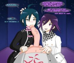 3boys aeltrix ahoge balls big_penis blowjob blush collaborative_sex danganronpa danganronpa_v3 dialogue fellatio femboy gay kaito_momota kokichi_ouma male male/male male_only momota_kaito onomatopoeia ouma_kokichi penis saihara_shuuichi shuichi_saihara text threesome