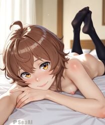 1girls ai_generated breasts closed_mouth depth_of_field dungeon_ni_deai_wo_motomeru_no_wa_machigatteiru_darou_ka feet female foreshortening indoors liliruca_arde looking_at_viewer lying lying_on_bed lying_on_stomach nipples perspective seacreator skinny small_breasts smile solo stockings the_pose thighhighs