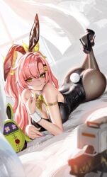 alternate_costume animal_ears aqua_nails armlet ass bare_shoulders black_leotard black_pantyhose blush breasts closed_mouth fake_animal_ears female fishnet_pantyhose fishnets full_body green_eyes hair_ornament high_heels highres jewelry large_breasts leotard liang_xing long_hair lying mole mole_under_eye nail_polish nicole_demara on_stomach pantyhose pink_hair playboy_bunny purple_nails rabbit_ears smile solo wrist_cuffs yellow_nails zenless_zone_zero