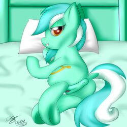 anus bedroom_eyes clitoris cutie_mark equine female friendship_is_magic fur green_fur hair hooves horn horse icy_wings looking_at_viewer lying lyra_heartstrings_(mlp) mammal my_little_pony on_bed pillow pony presenting pussy raised_tail smile two_tone_hair underhoof unicorn yellow_eyes