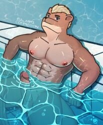 abs anthro ej_arts hi_res male multicolored_body nipples partially_submerged pecs pool solo two_tone_body water