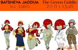 batsheva_jaddua beige_shirt blue_tie booty_shorts bulletproof_vest busty busty_female cargo_pants cloak different_hair_style ghilan'nain_(game) goblin goblin_female gold_bikini golden_shirt green_skin halo headwear helmet hexagram israeli israeli_flag jeans_shorts jewish jewish_female leather_jacket long_skirt m0r14rt7 military_uniform mother_of_beasts_(game) multiple_poses oc official_alternate_costume official_art original_character outfit_variant red_cloak red_hair red_jacket sandals shoes shortstack showcase showcase_outfit sling_bikini text unusual_pupils white_pupils white_suit yellow_eyes