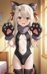 ai_generated breasts bulge covered_nipples covered_penis fate/grand_order fate/kaleid_liner_prisma_illya fate_(series) futa_only futanari genderswap_(ftm) illyasviel_von_einzbern illyasviel_von_einzbern_(beast_style) intersex leotard makayai penis red_eyes small_breasts small_penis white_hair