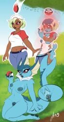 animal_genitalia anthro ass big_breasts blue_body blush bodily_fluids breasts clothing dawnyr digital_media_(artwork) eeveelution female fur furry generation_1_pokemon genital_fluids genitals hair hi_res human mammal nintendo nipples nude open_mouth pokeball pokemon pokemon_(species) pokemon_vaporeon pussy simple_background solo species_transformation standard_pokeball tail transformation vaginal_penetration vaporeon