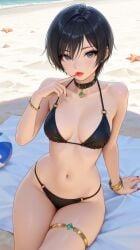 1girls ai_generated ball bangs bare_shoulders beach beach_ball beach_towel belly belly_button bikini bikini_bottom bikini_top black_bikini black_hair bracelet bracelets breasts clothed clothed_female clothing collar collarbone commentary_request cute eyelashes eyeshadow female female_focus female_only finger_to_mouth girly grey_eyes lia_the_busty_redhead lipstick looking_at_viewer makeup medium_breasts midriff navel original original_character playful red_fingernails red_lipstick red_nails sand seductive seductive_look self_upload short_hair sitting slender_body slender_waist slim solo solo_female solo_focus starfish tagme thighlet thighs